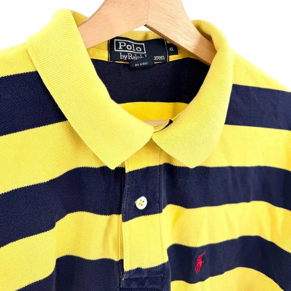 Vintage 90s Polo Ralph Lauren Yellow Navy 100% Cotton Striped Polo Shirt